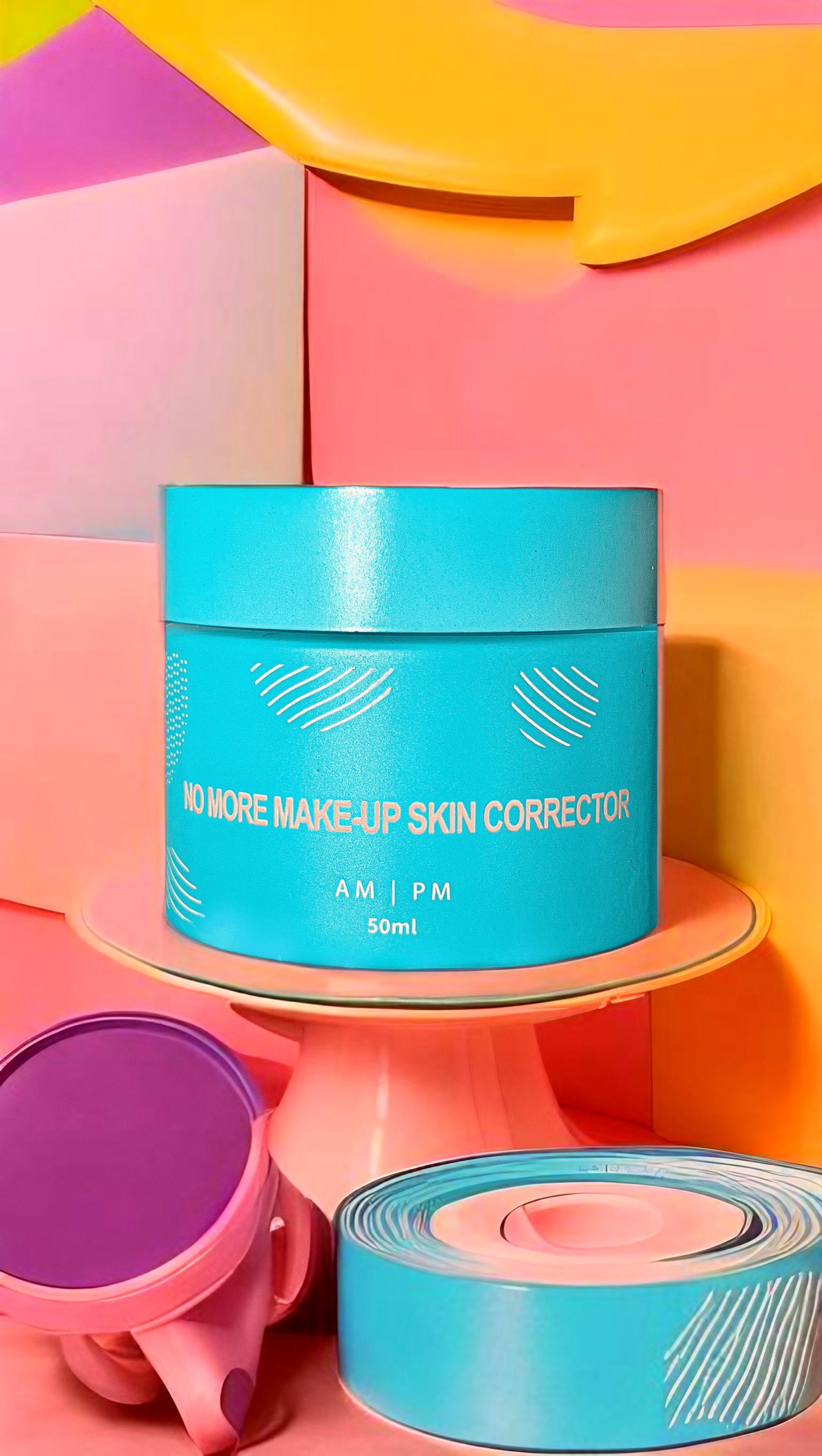 Elegant glass bottle packaging of No More Make Up Skin Corrector, highlighting the sleek design and the powerful, transformative skincare formula housed within.