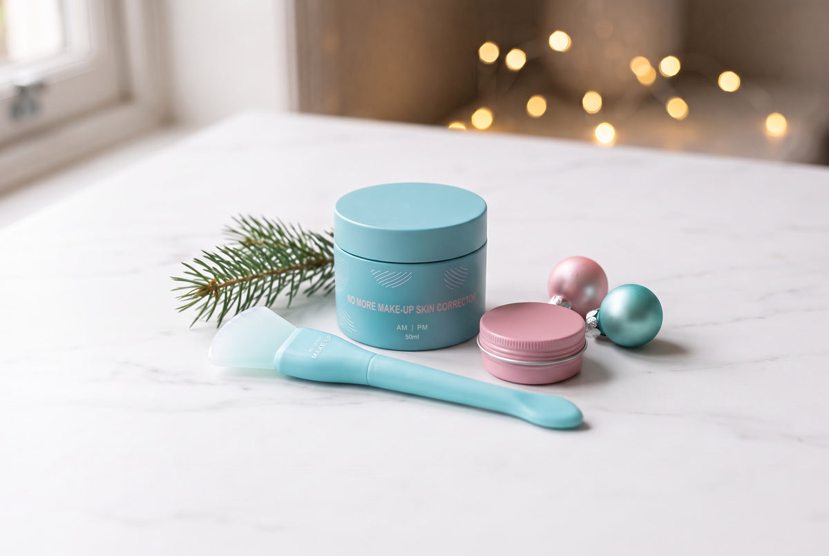 Jar, silicone brush and travel tin styled for Christmas